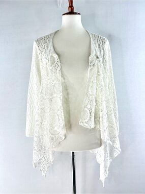 Oliver by Escio White Crochet Lace Open Waterfall Cardigan